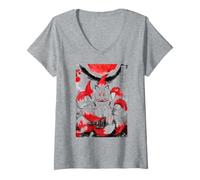 Donna Nine Tailed Fox Kitsune Japanese Sumi-e Ink Art Red Moon Maglietta con Collo a V