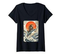 Donna Ninja Cat Equitazione Squalo | Ukiyo-e Art Maglietta con Collo a V