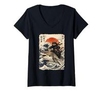 Donna Ninja Cat Equitazione Squalo | Ukiyo-e Art, Ninja Cat Maglietta con Collo a V