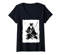 Donna Ninja Cat Samurai giapponese Sumi-e pittura a inchiostro vintage Maglietta con Collo a V