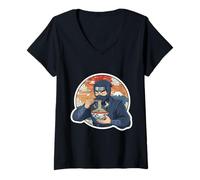 Donna Ninja Eating Ramen Noodles Lover Traditional Japanese Art Maglietta con Collo a V