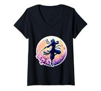 Donna Ninja Silhouette Moonlight Cherry Blossoms Giapponese Samurai Maglietta con Collo a V