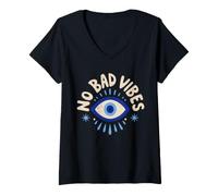 Donna No Bad Vibes Evil Eye Retro Boho Spirituale Positivo Maglietta con Collo a V
