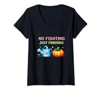 Donna No Fighting Just Farming Gioco Cozy Pixel Zucca Maglietta con Collo a V