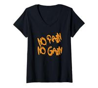 Donna No Pain No Gain - Bold Orange Graffiti Style Maglietta con Collo a V