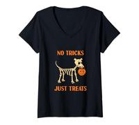 Donna No Tricks Just Treats Carino Halloween Cane Scheletro Divertente Cane Maglietta con Collo a V