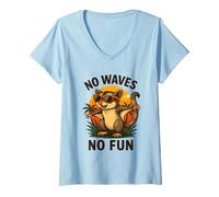 Donna No Waves No Fun Possum Beach Party Tramonto Maglietta con Collo a V