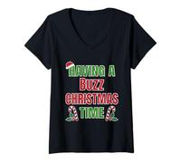 Donna Nome della riunione di Famiglia Having A Buzz Christmas Time Maglietta con Collo a V
