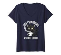 Donna Non Faccio Le mattine Senza l'amante del caffè Grumpy Black Cat Maglietta con Collo a V