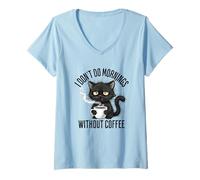 Donna Non Faccio Le mattine Senza l'amante del caffè Grumpy Black Cat Maglietta con Collo a V