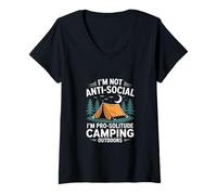 Donna Non sono antisociale Sono Pro-Solitude Camping All'aperto Maglietta con Collo a V