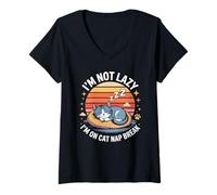 Donna Non sono pigro Sono su cat nap break Retro Cats Maglietta con Collo a V