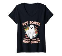 Donna Non spaventato perché conosco Lo Spirito Santo Halloween Christian Maglietta con Collo a V