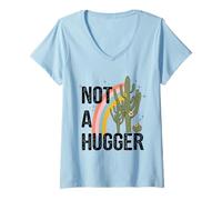 Donna Non Un Hugger Divertente Arcobaleno Cactus Cita Arte Maglietta con Collo a V