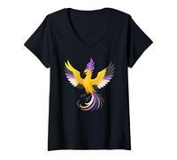 Donna Nonbinary Phoenix Bird Enby Pride Flag Rising From Ashes Maglietta con Collo a V