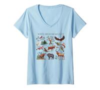 Donna North American Wildlife T -Shirt Vintage Anni '90 Retrò Maglietta con Collo a V