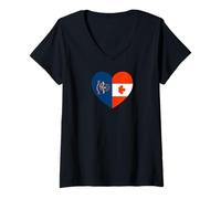 Donna North Dakota And Canada Flags: Heart Shaped Unity Maglietta con Collo a V