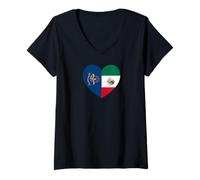Donna North Dakota and Mexico Flags: Heart Shaped Unity Maglietta con Collo a V