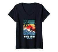 Donna North Shore Hawaii Beach Surf Vintage Retro Palma Maglietta con Collo a V