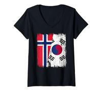 Donna Norvegia Corea del Sud Mezza Bandiera Norvegese Corea del Sud Maglietta con Collo a V