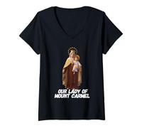 Donna Nostra Signora del Monte Carmelo Mariano Cattolico Maglietta con Collo a V