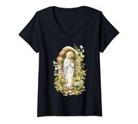 Donna Nostra Signora di Lourdes Immacolata Beata Madre Maria Cattolica Maglietta con Collo a V