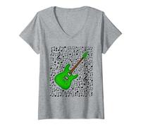 Donna Note Musicali per Chitarra elettrica (Verde) Maglietta con Collo a V