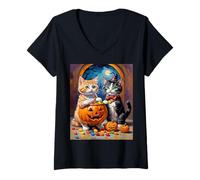 Donna Notte delle Caramelle dei Gattini di Halloween Maglietta con Collo a V