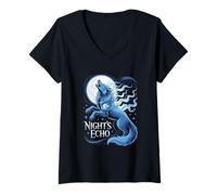 Donna Notte Lupi Ululato Luna Night's Echo Maglietta con Collo a V