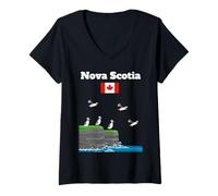 Donna Nova Scotia Puffins on Sea Cliff Canada bandiera viaggio Souvenir Maglietta con Collo a V