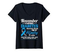 Donna Novembre è Il Nastro Blu e Grigio del Mese di sensibilizzazione al diabete Maglietta con Collo a V