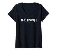 Donna NPC Energy Meme Humor AI Brain Dead Gamer Retro Tee Classic! Maglietta con Collo a V