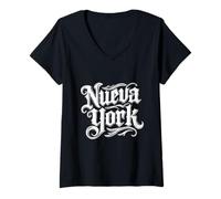 Donna Nueva York Tattoo Style Testo Design Maglietta con Collo a V