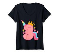 Donna Numero 3 con tema unicorno, magico compleanno del terzo anno Maglietta con Collo a V
