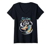 Donna Nuota come una stella Cosmic Betta Fish Art Maglietta con Collo a V