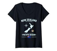 Donna Nuova Zelanda Aotearoa Oceano Pacifico GPS Stemma Bandiera Maglietta con Collo a V
