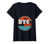 Donna NYC Born New York Tee Retro Circle Skyline Donna Uomo Maglietta con Collo a V