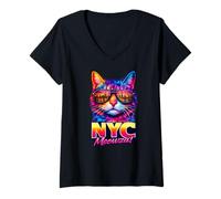 Donna NYC Cat | Trendy Cool Hip Fun Manhattan Occhiali da Sole Amante Maglietta con Collo a V