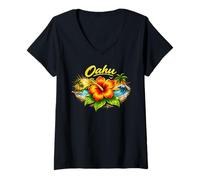 Donna Oahu Hawaii Beach Tramonto Tropical Flower Design Maglietta con Collo a V