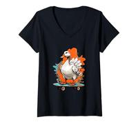 Donna Oca su skateboard in stile cartoon con spruzzi di colore Maglietta con Collo a V