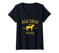 Donna Ocala Florida USA Horse Capital Distressed Equestre Design Maglietta con Collo a V