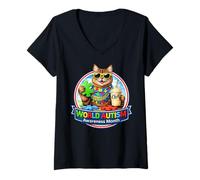 Donna Occhiali da Sole Cat & Milkshake World Autism Awareness Month ADHD Maglietta con Collo a V