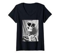 Donna Occhiali da Sole con Scheletro in Cuori, Estivi, Stile Gotico Maglietta con Collo a V