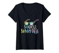 Donna Occhiali da sole retrò "Shades and Sunny Days" Summer Beach Retro Maglietta con Collo a V