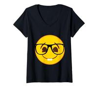 Donna Occhiali Ufficiali Emoji Nerd Giallo Smile Face Maglietta con Collo a V