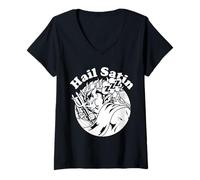 Donna Occulto Gotico Hail Satan Satanic Bafometto Satin Goth Maglietta con Collo a V