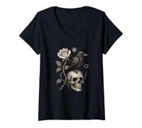 Donna Occulto Rose Raven Skull Occultismo Stregoneria Crow Rose Goth Maglietta con Collo a V
