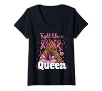 Donna October Black Woman Fight Like A Queen Breast Cancer Maglietta con Collo a V