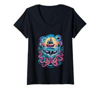 Donna Octopus Kraken Isola dei pirati Fantasy Realm Maglietta con Collo a V