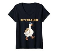Donna off for A Hike - Zaino da Trekking Divertente con oche e Montagne escursionistiche Maglietta con Collo a V